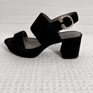 Aerosoles Camera Black Suede Block Heel Platform Gold Buckle Sandals 7 Comfort